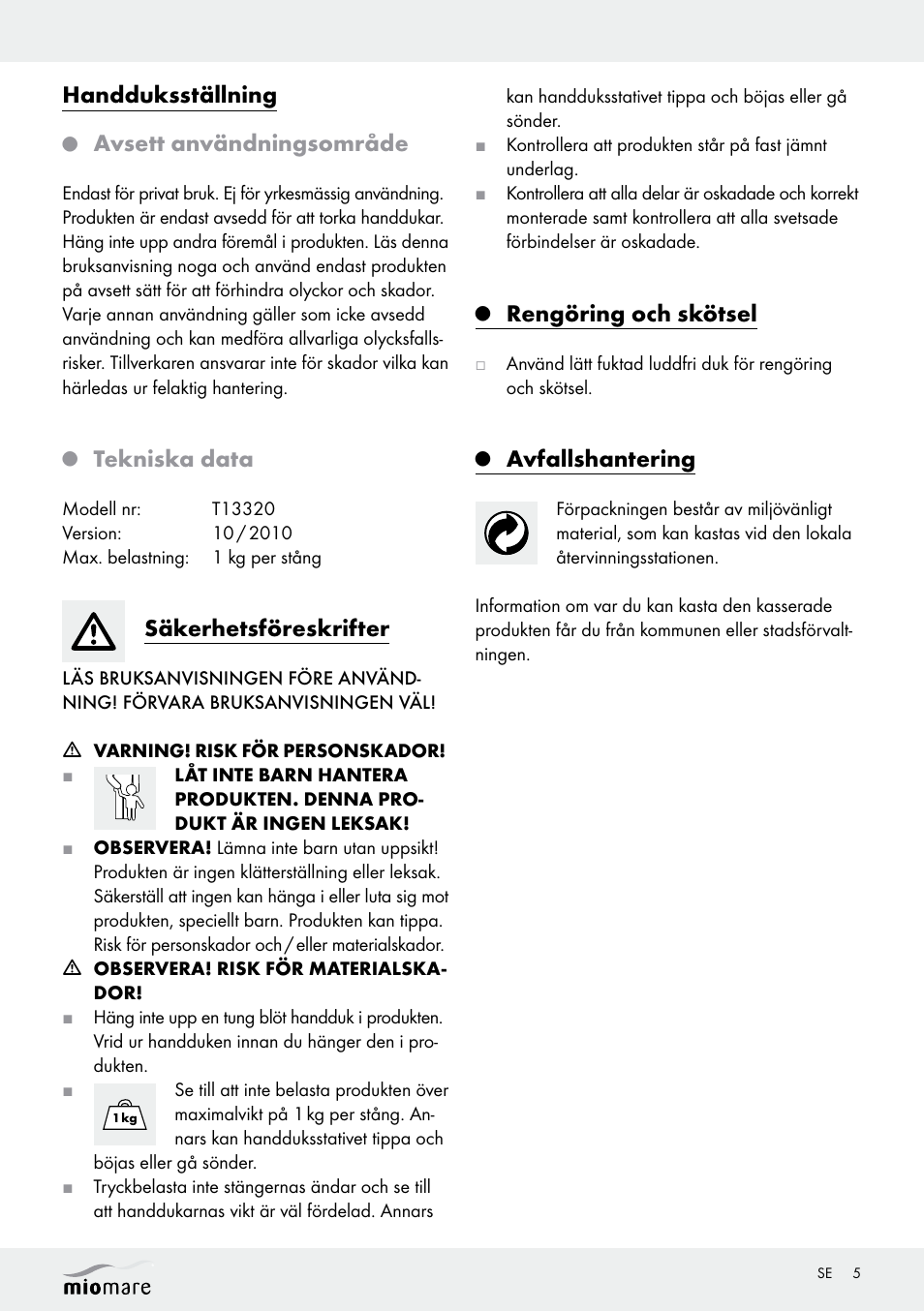 Handduksställning, Avsett användningsområde, Tekniska data | Säkerhetsföreskrifter, Rengöring och skötsel, Avfallshantering | Miomare T13320 User Manual | Page 5 / 10