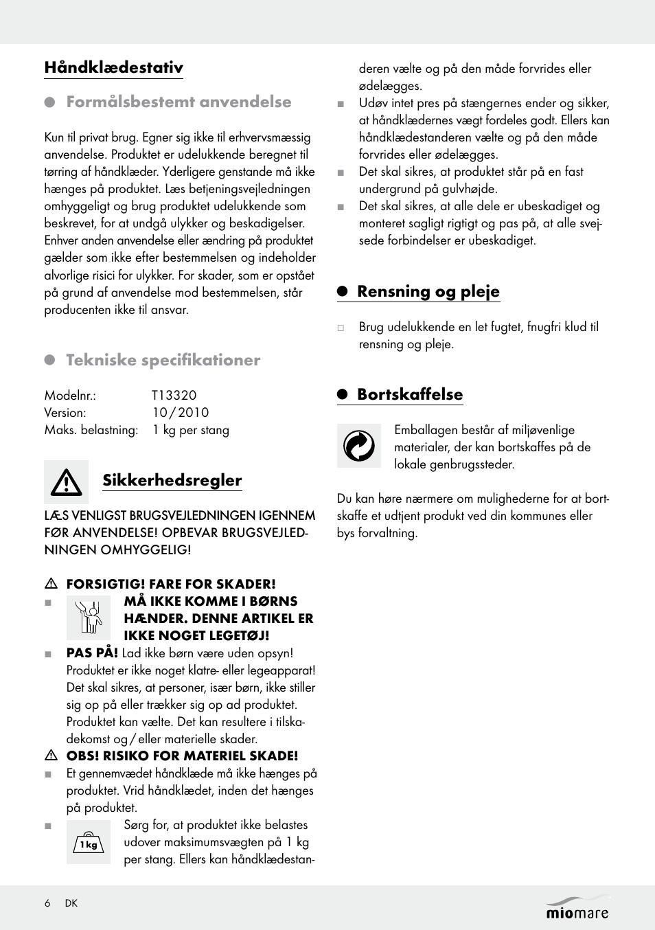 Håndklædestativ, Formålsbestemt anvendelse, Tekniske specifikationer | Sikkerhedsregler, Rensning og pleje, Bortskaffelse | Miomare T13320 User Manual | Page 6 / 10