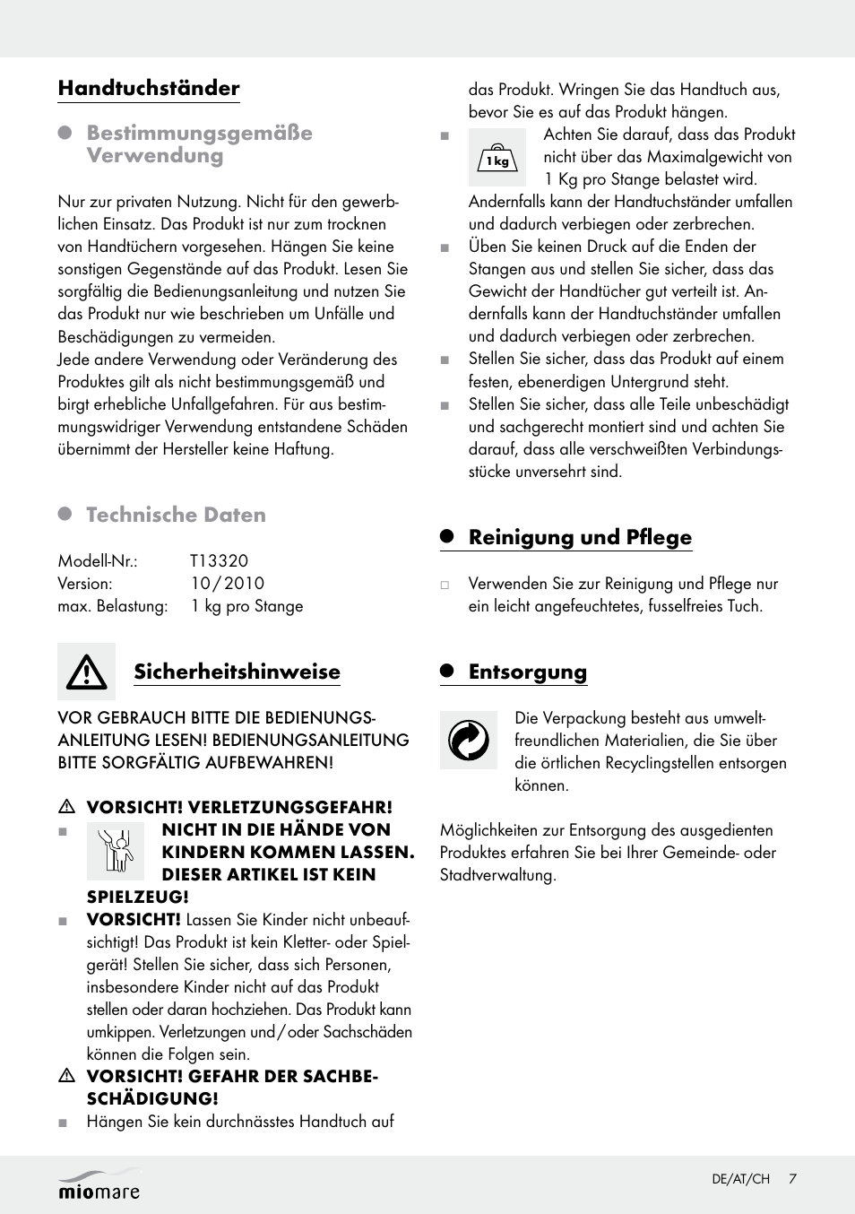 Handtuchständer, Bestimmungsgemäße verwendung, Technische daten | Sicherheitshinweise, Reinigung und pflege, Entsorgung | Miomare T13320 User Manual | Page 7 / 10