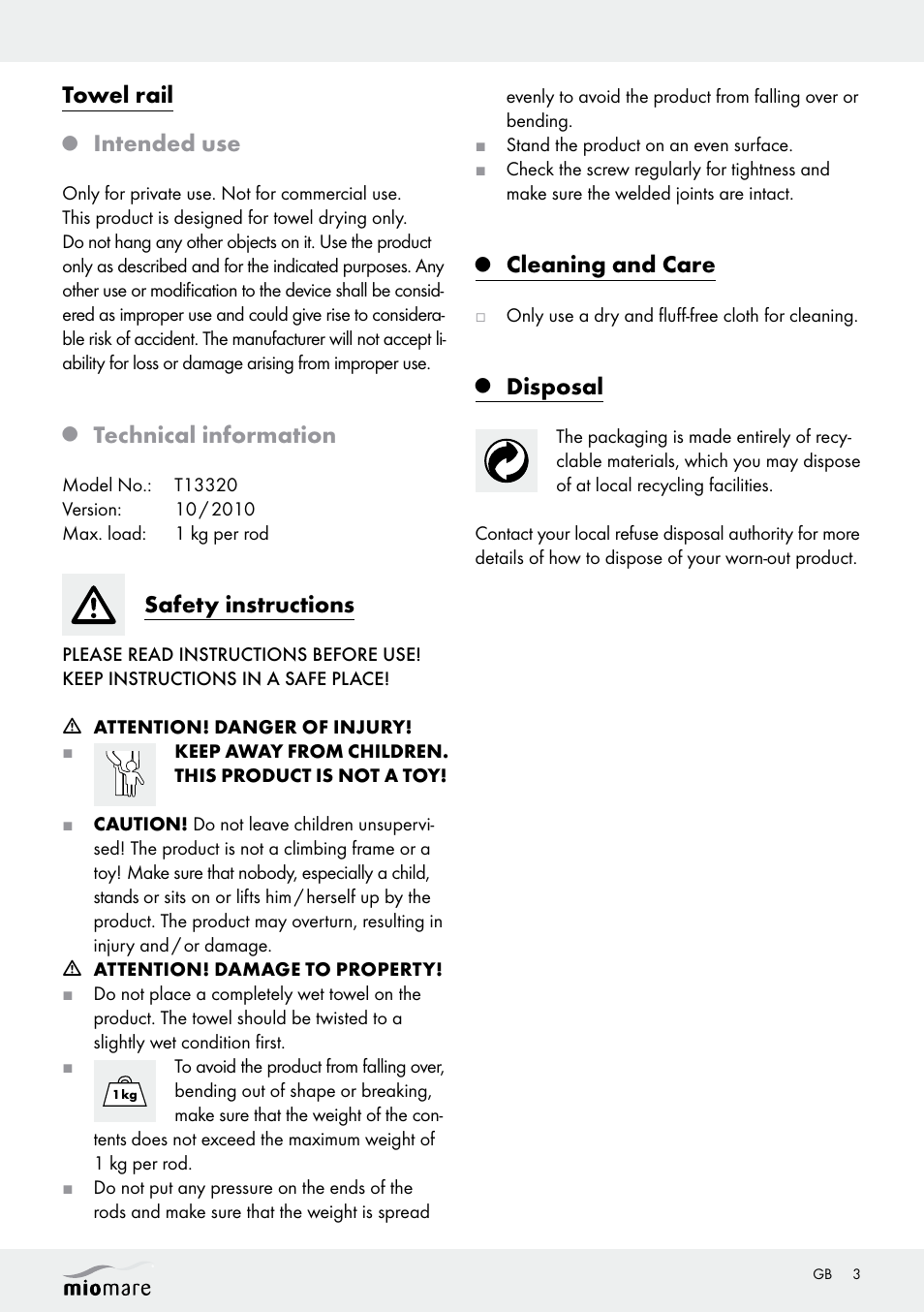 Towel rail, Intended use, Technical information | Safety instructions, Cleaning and care, Disposal | Miomare T13320 User Manual | Page 3 / 12