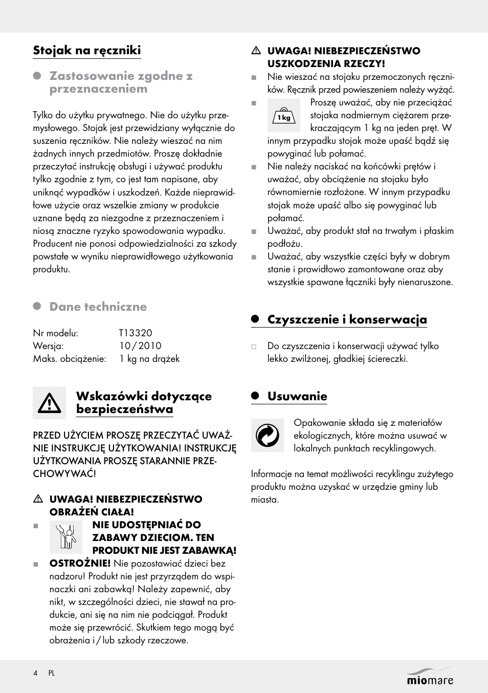 Stojak na ręczniki, Zastosowanie zgodne z przeznaczeniem, Dane techniczne | Wskazówki dotyczące bezpieczeństwa, Czyszczenie i konserwacja, Usuwanie | Miomare T13320 User Manual | Page 4 / 12