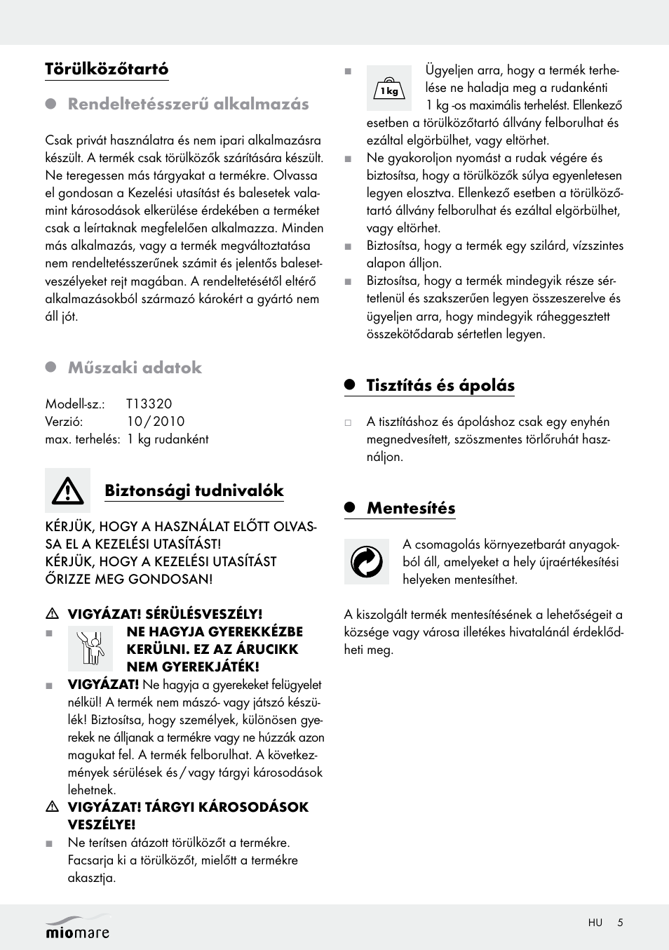 Törülközőtartó, Rendeltetésszerű alkalmazás, Műszaki adatok | Biztonsági tudnivalók, Tisztítás és ápolás, Mentesítés | Miomare T13320 User Manual | Page 5 / 12