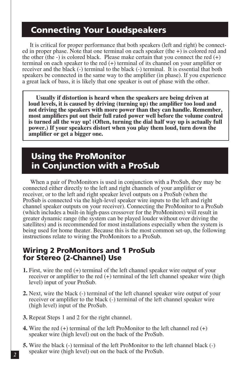 Connecting your loudspeakers, Using the promonitor in conjunction with a prosub | Definitive Technology ProMonitor 800 User Manual | Page 2 / 8