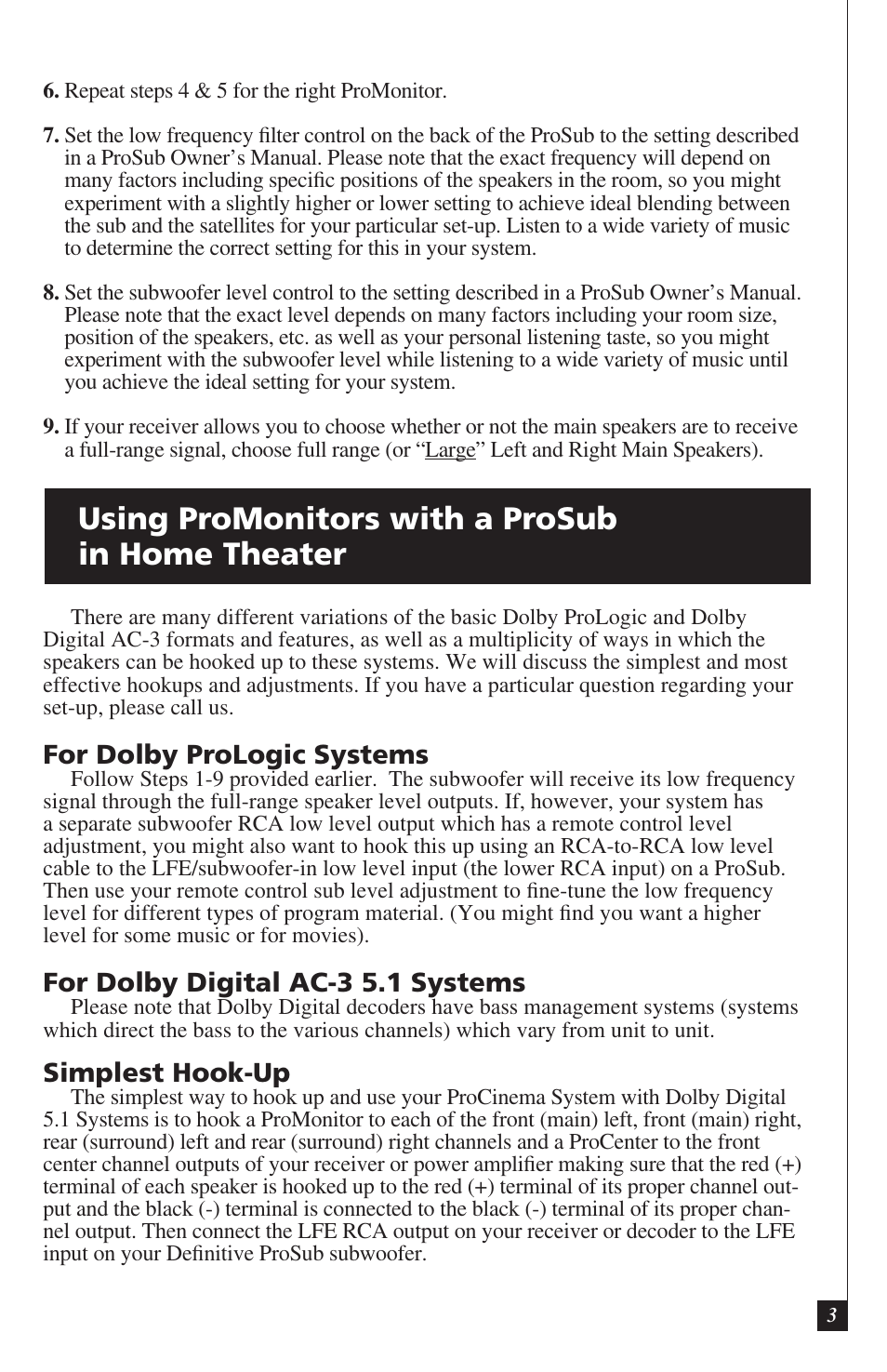 Using promonitors with a prosub in home theater | Definitive Technology ProMonitor 800 User Manual | Page 3 / 8