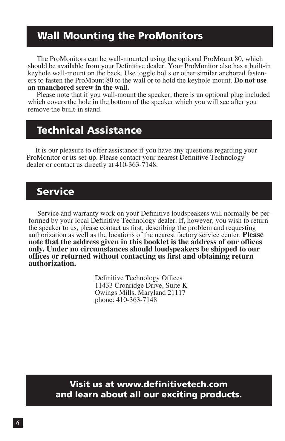 Wall mounting the promonitors, Technical assistance service | Definitive Technology ProMonitor 800 User Manual | Page 6 / 8