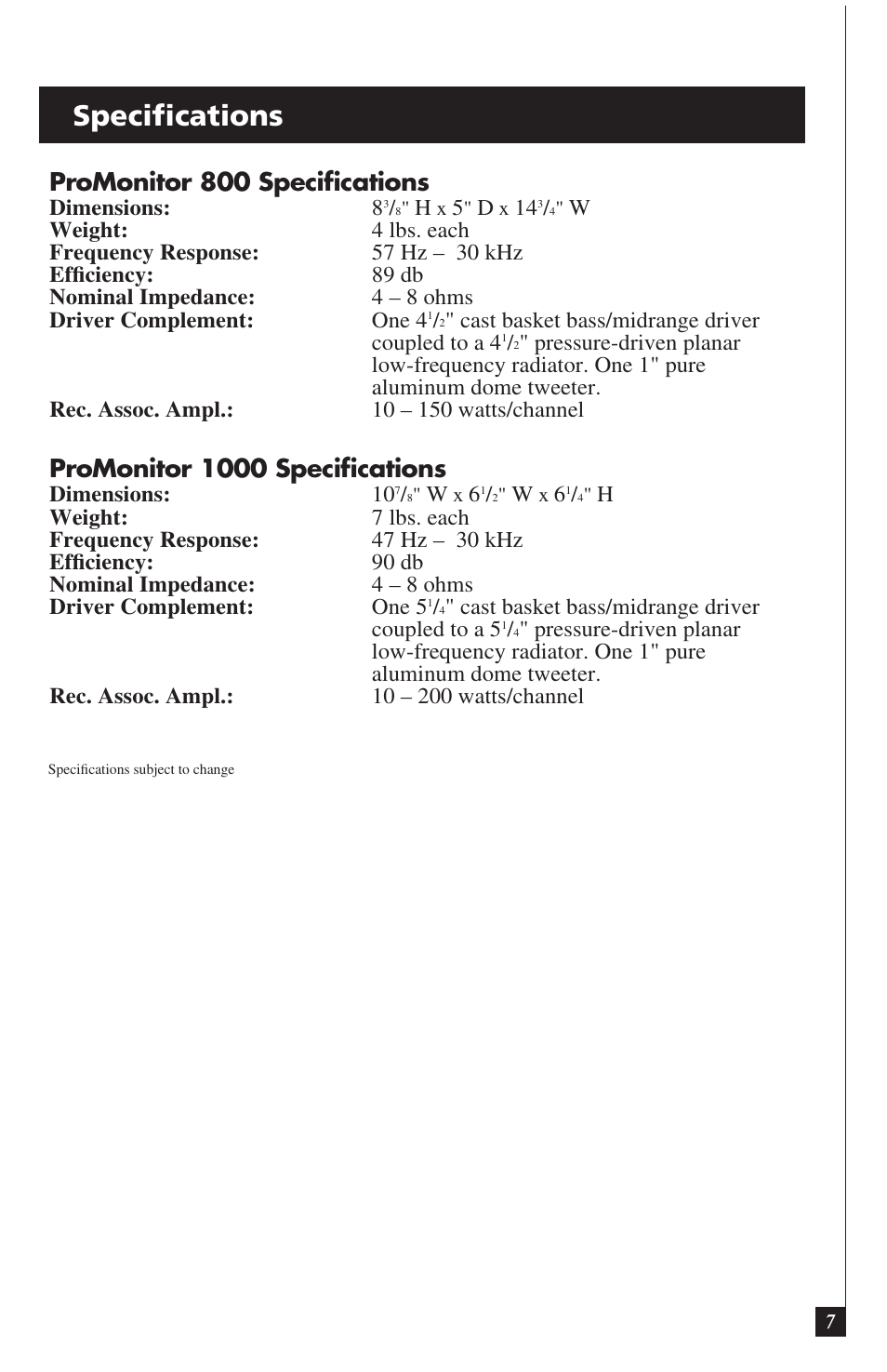 Specifications, Promonitor 800 specifications, Promonitor 1000 specifications | Definitive Technology ProMonitor 800 User Manual | Page 7 / 8