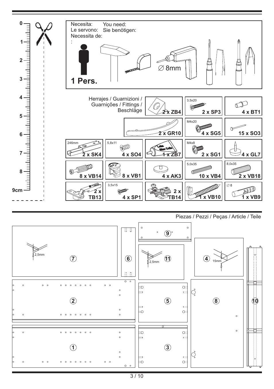 1 pers, E 8mm | Miomare Side Cabinet User Manual | Page 3 / 10