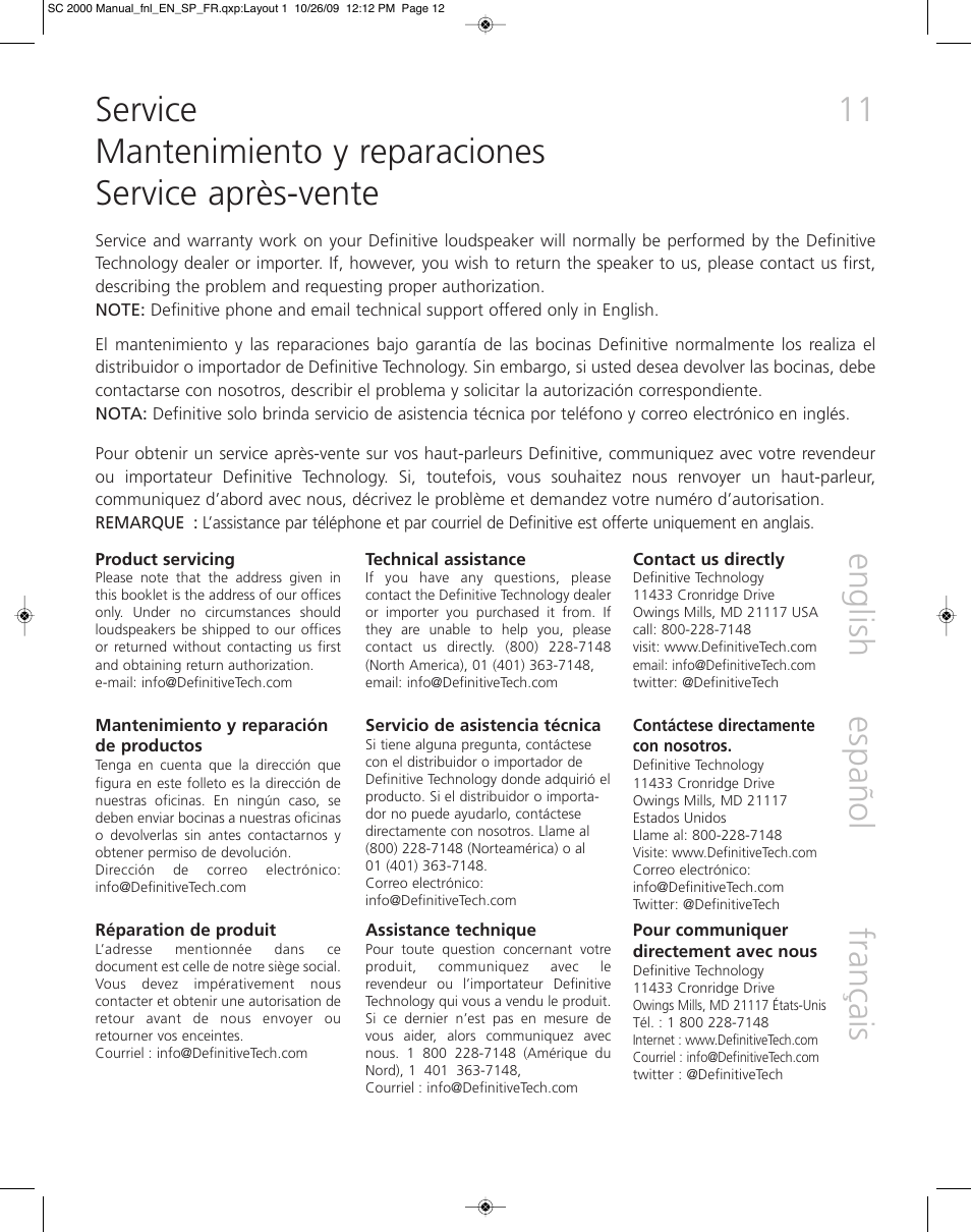 En g lis h | Definitive Technology SUPERCUBE 2000 User Manual | Page 11 / 12