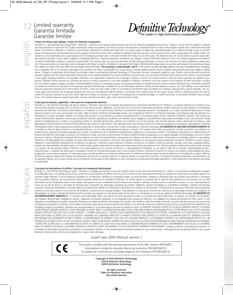 English, Español, Français | Definitive Technology SUPERCUBE 2000 User Manual | Page 12 / 12