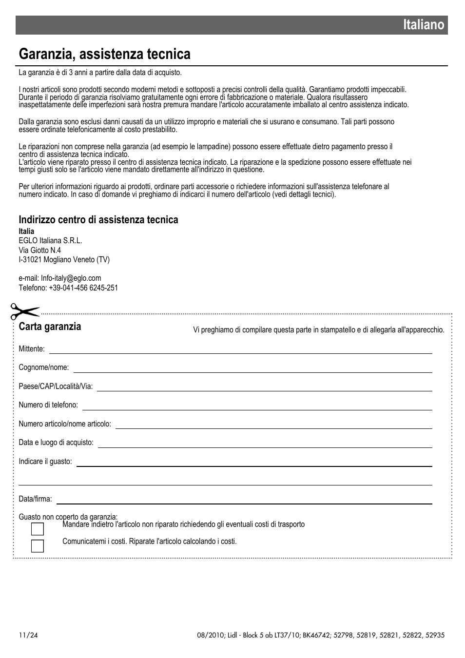 Garanzia, assistenza tecnica, Italiano, Indirizzo centro di assistenza tecnica | Carta garanzia | Miomare 52798 User Manual | Page 12 / 26