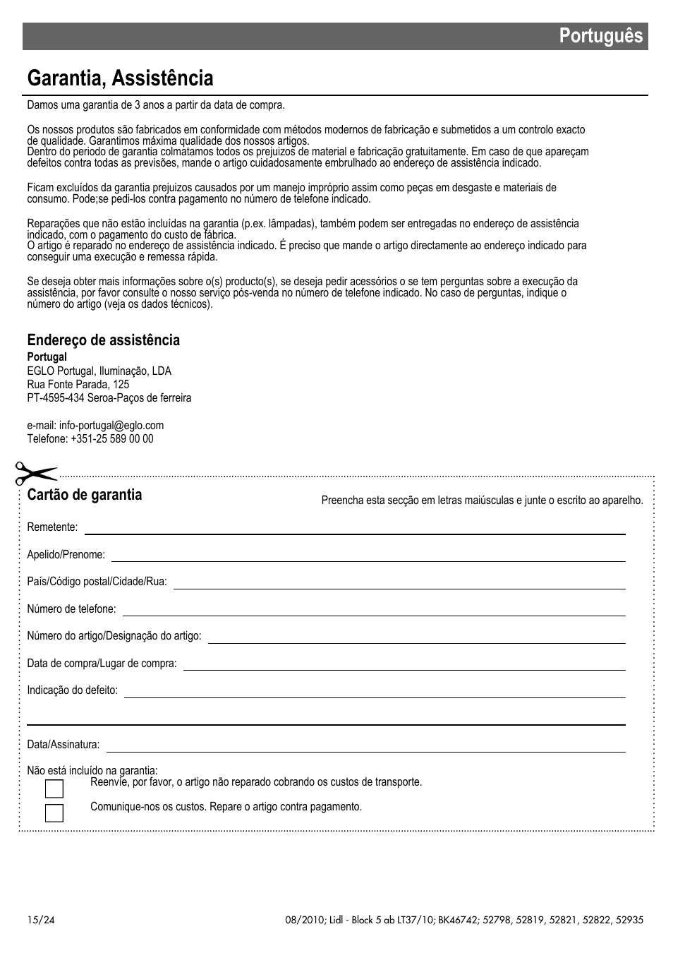 Garantia, assistência, Português, Endereço de assistência | Cartão de garantia | Miomare 52798 User Manual | Page 16 / 26