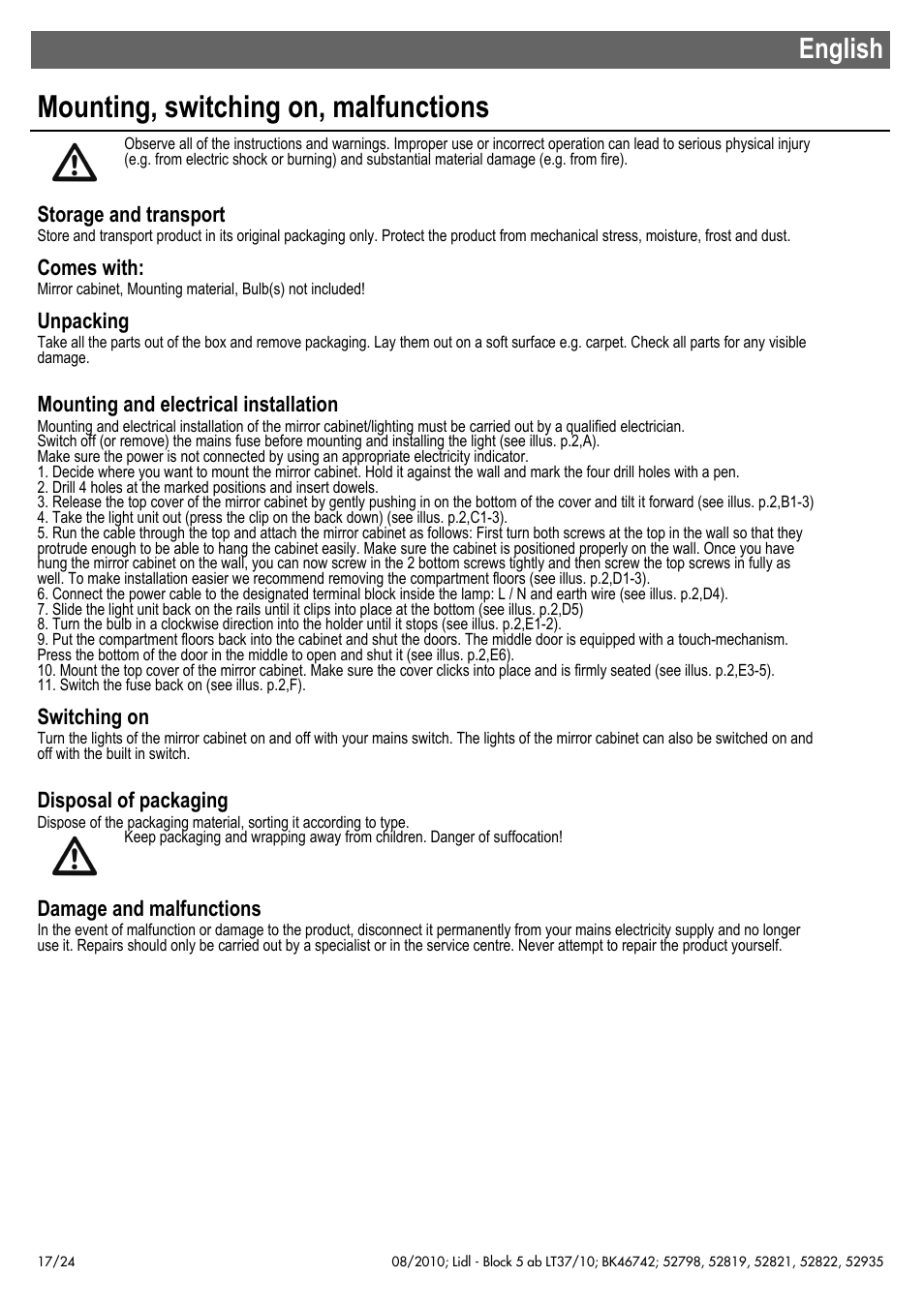 Mounting, switching on, malfunctions, English, Storage and transport | Comes with, Unpacking, Mounting and electrical installation, Switching on, Disposal of packaging, Damage and malfunctions | Miomare 52798 User Manual | Page 18 / 26