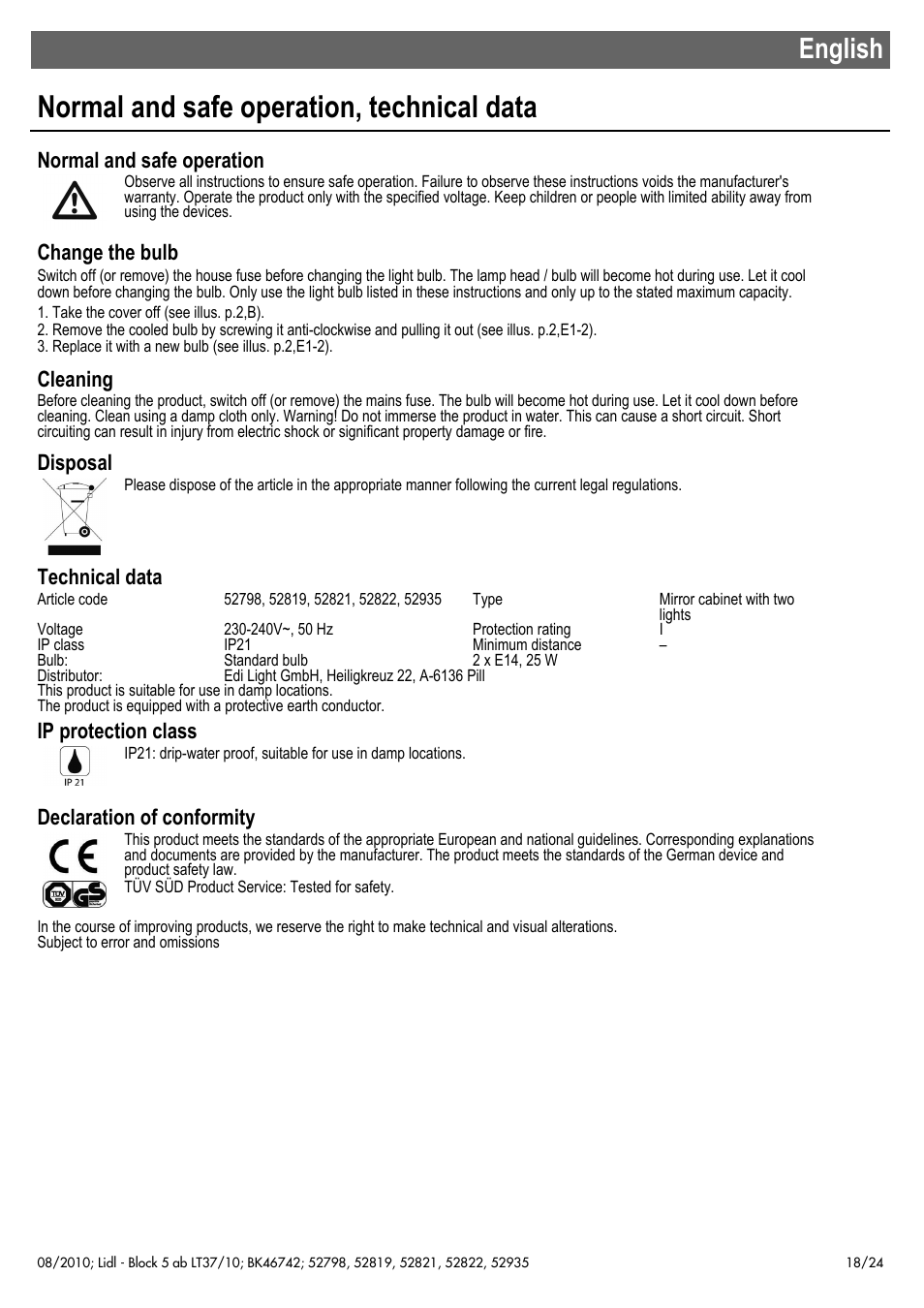 Normal and safe operation, technical data, English, Normal and safe operation | Change the bulb, Cleaning, Disposal, Technical data, Ip protection class, Declaration of conformity | Miomare 52798 User Manual | Page 19 / 26