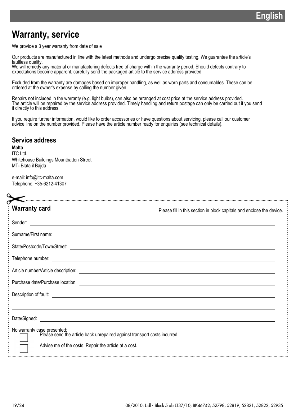 Warranty, service, English, Service address | Warranty card | Miomare 52798 User Manual | Page 20 / 26