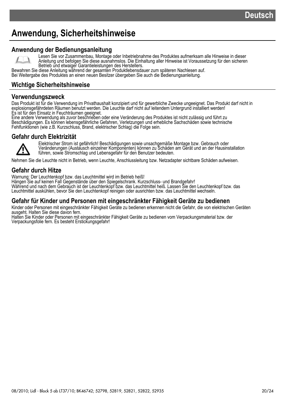 Anwendung, sicherheitshinweise, Deutsch, Anwendung der bedienungsanleitung | Wichtige sicherheitshinweise verwendungszweck, Gefahr durch elektrizität, Gefahr durch hitze | Miomare 52798 User Manual | Page 21 / 26