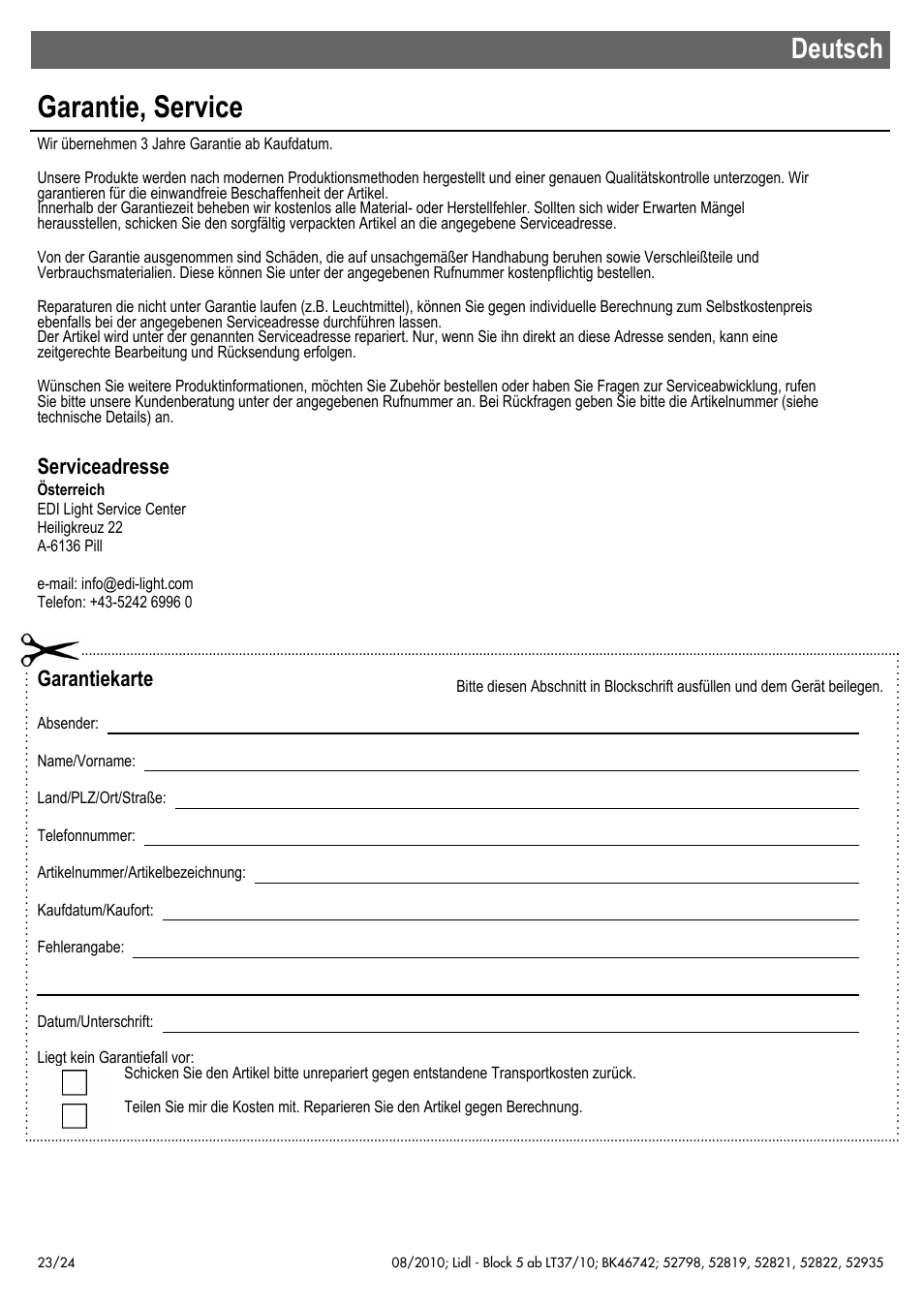 Garantie, service, Deutsch, Serviceadresse | Garantiekarte | Miomare 52798 User Manual | Page 24 / 26