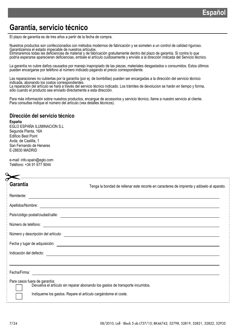 Garantía, servicio técnico, Español, Dirección del servicio técnico | Garantía | Miomare 52798 User Manual | Page 8 / 26