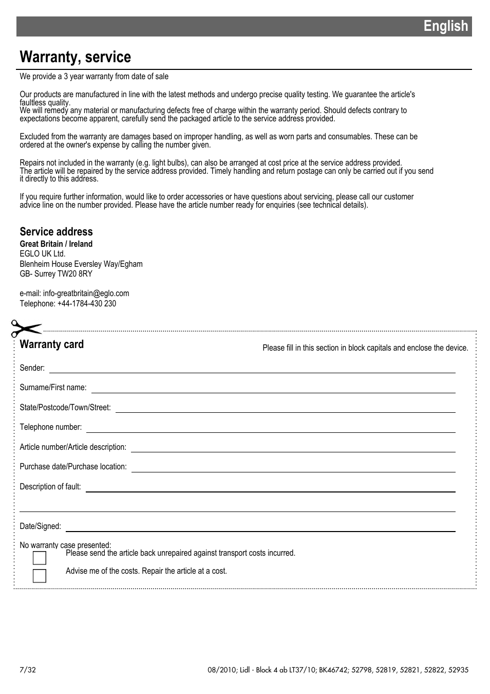 Warranty, service, English, Service address | Warranty card | Miomare 52798 User Manual | Page 8 / 34