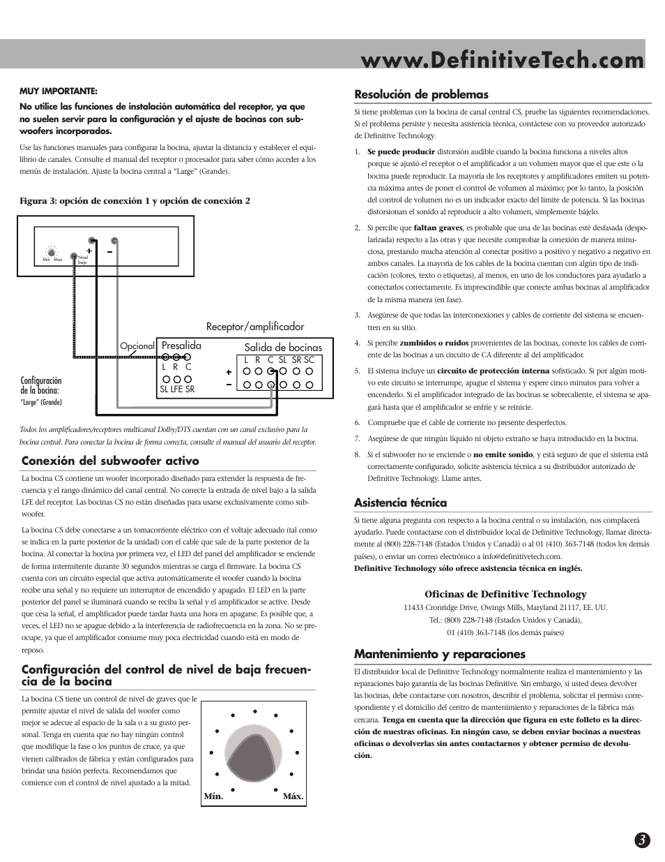 Mantenimiento y reparaciones, Asistencia técnica, Conexión del subwoofer activo | Resolución de problemas | Definitive Technology CS-8080HD User Manual | Page 11 / 12