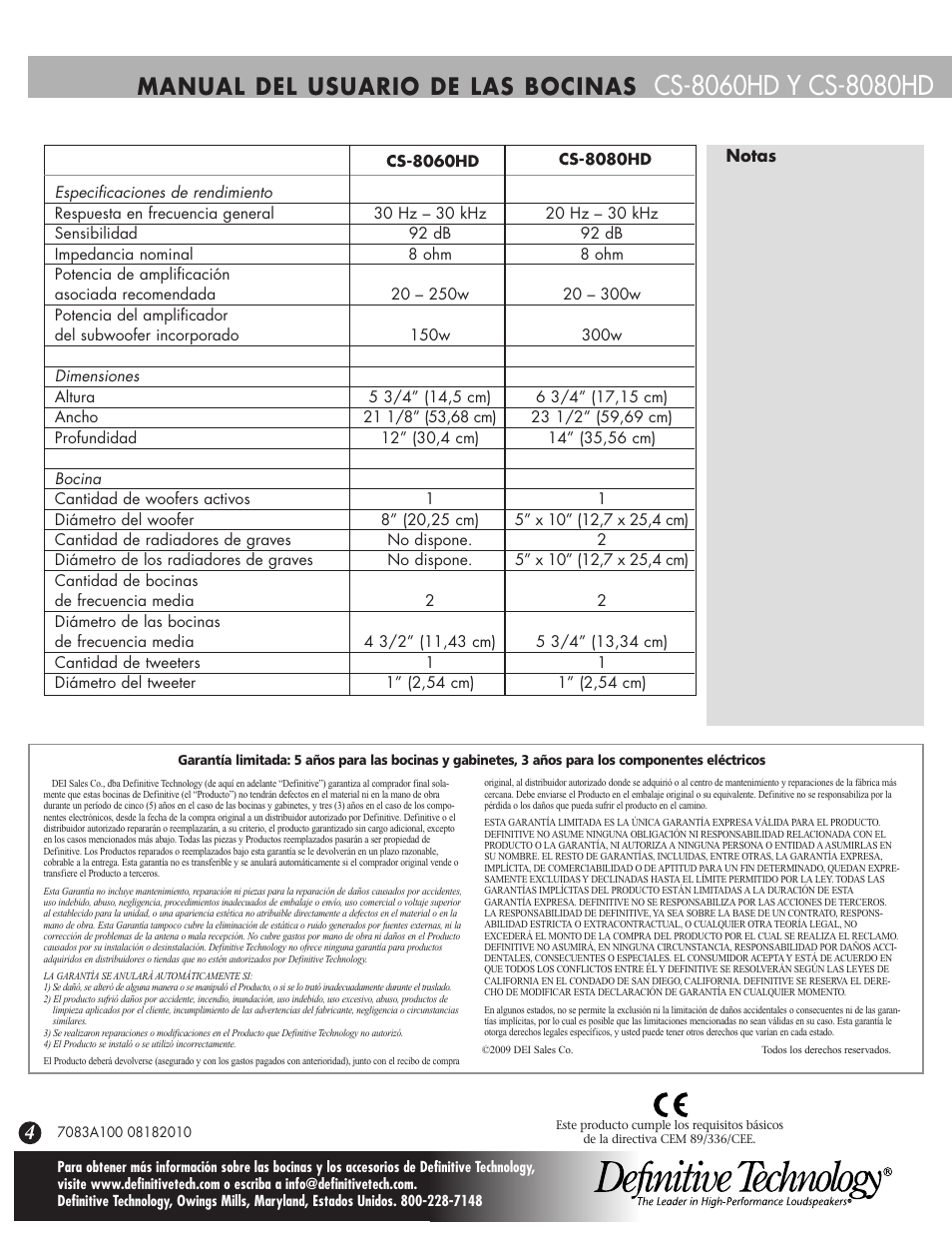 Manual del usuario de las bocinas | Definitive Technology CS-8080HD User Manual | Page 12 / 12