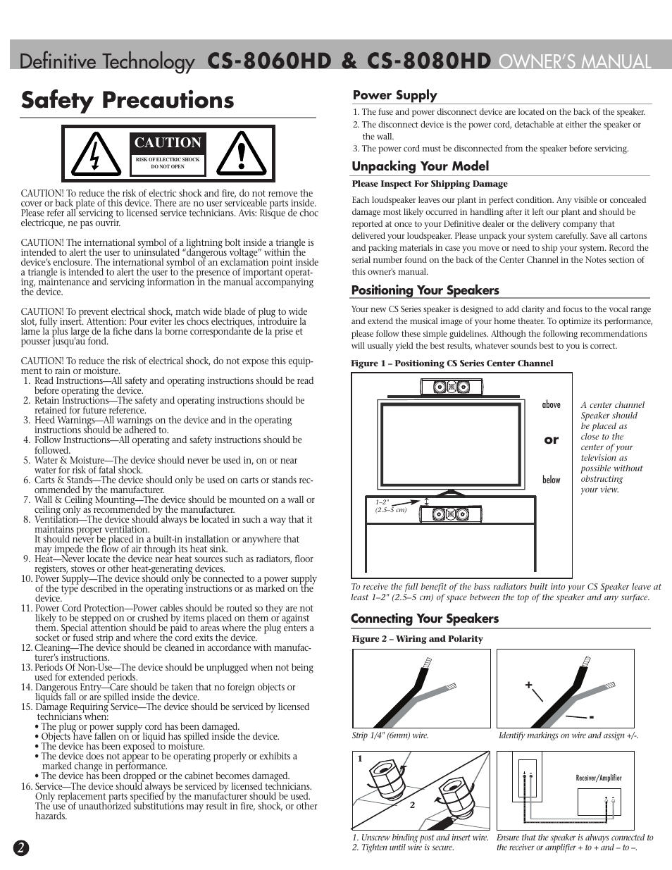Safety precautions, Definitive technology, Owner’s manual | Caution | Definitive Technology CS-8080HD User Manual | Page 2 / 12
