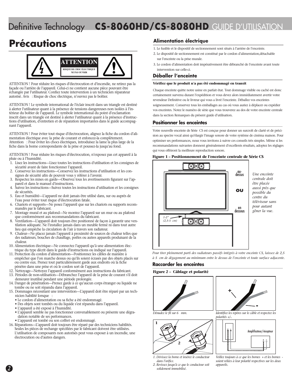 Sprécautions, Précaution, Definitive technology | Guide d’utilisation, Attention | Definitive Technology CS-8080HD User Manual | Page 6 / 12