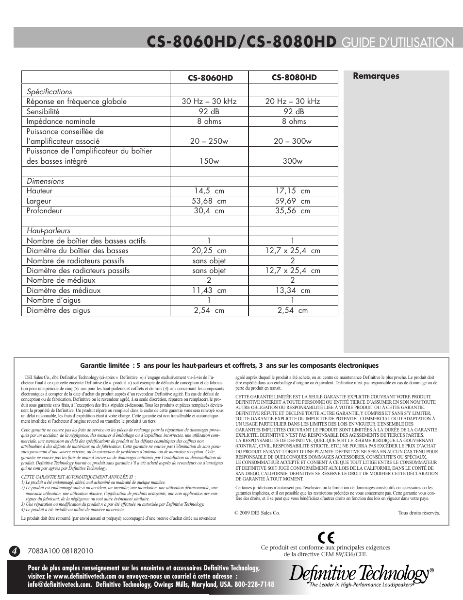Guide d’utilisation | Definitive Technology CS-8080HD User Manual | Page 8 / 12