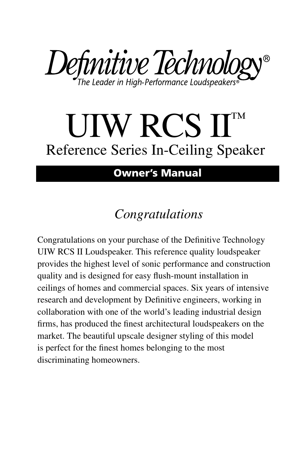 Definitive Technology UIW RCS II User Manual | 12 pages