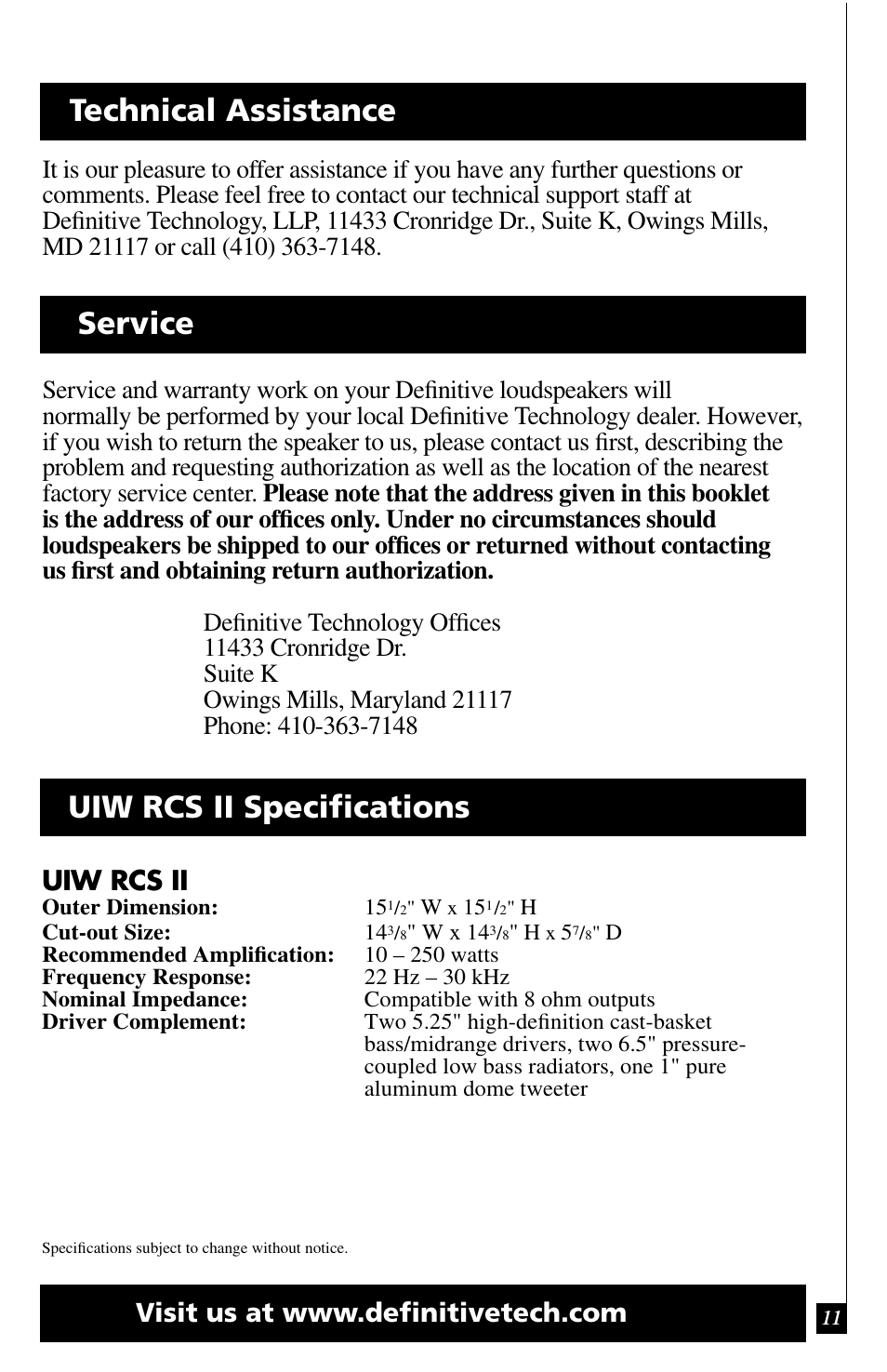 Technical assistance uiw rcs ii specifications, Service, Uiw rcs ii | Definitive Technology UIW RCS II User Manual | Page 11 / 12