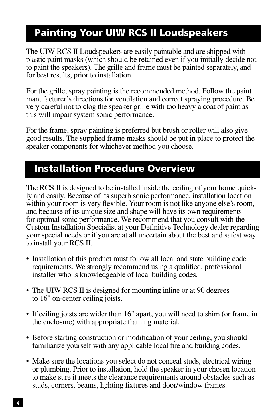 Painting your uiw rcs ii loudspeakers, Installation procedure overview | Definitive Technology UIW RCS II User Manual | Page 4 / 12