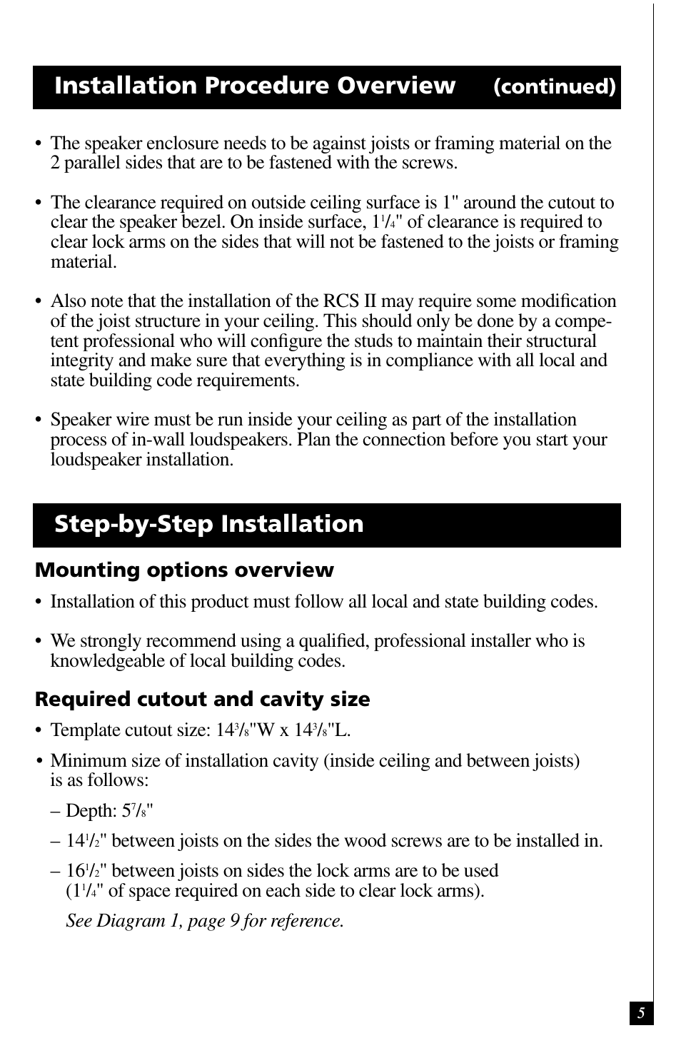 Installation procedure overview, Step-by-step installation, Continued) | Mounting options overview, Required cutout and cavity size, Template cutout size: 14, W x 14 | Definitive Technology UIW RCS II User Manual | Page 5 / 12