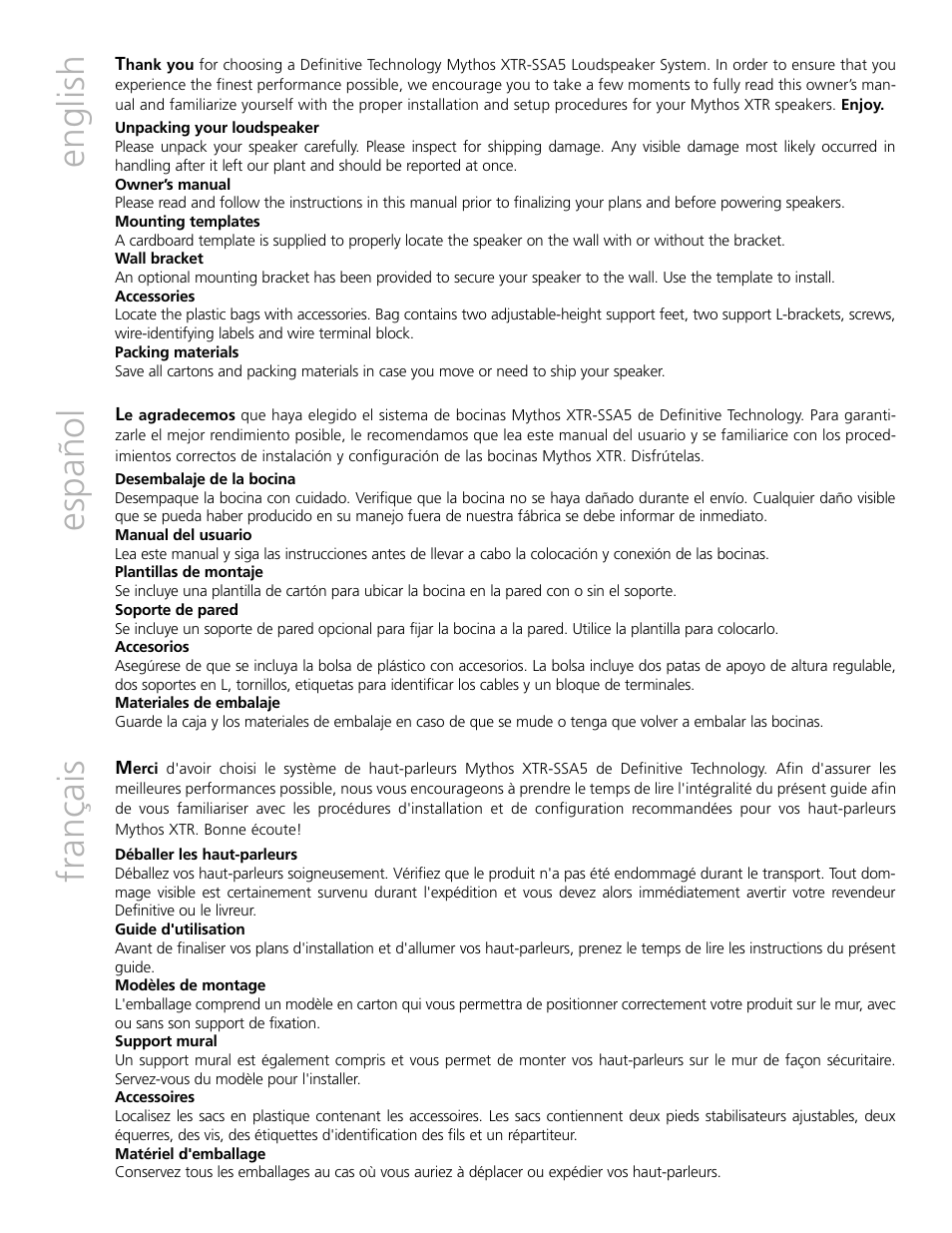 English español français | Definitive Technology MYTHOS XTR-SSA5 User Manual | Page 2 / 16
