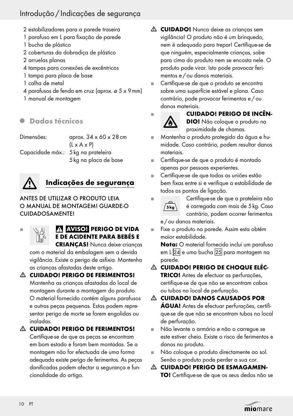 Introdução / indicações de segurança, Dados técnicos, Indicações de segurança | Miomare Z30376 User Manual | Page 10 / 24