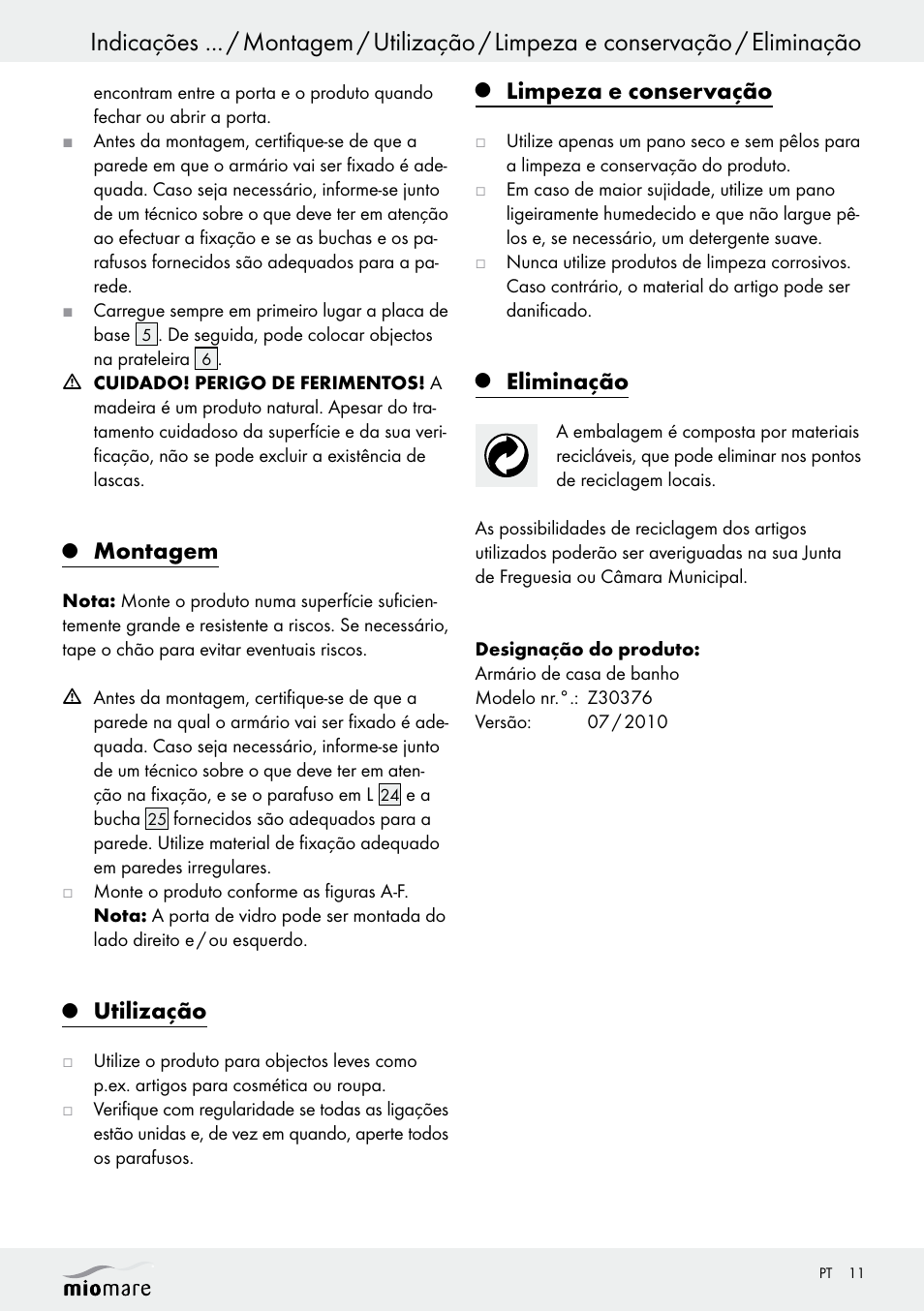 Montagem, Utilização, Limpeza e conservação | Eliminação | Miomare Z30376 User Manual | Page 11 / 24