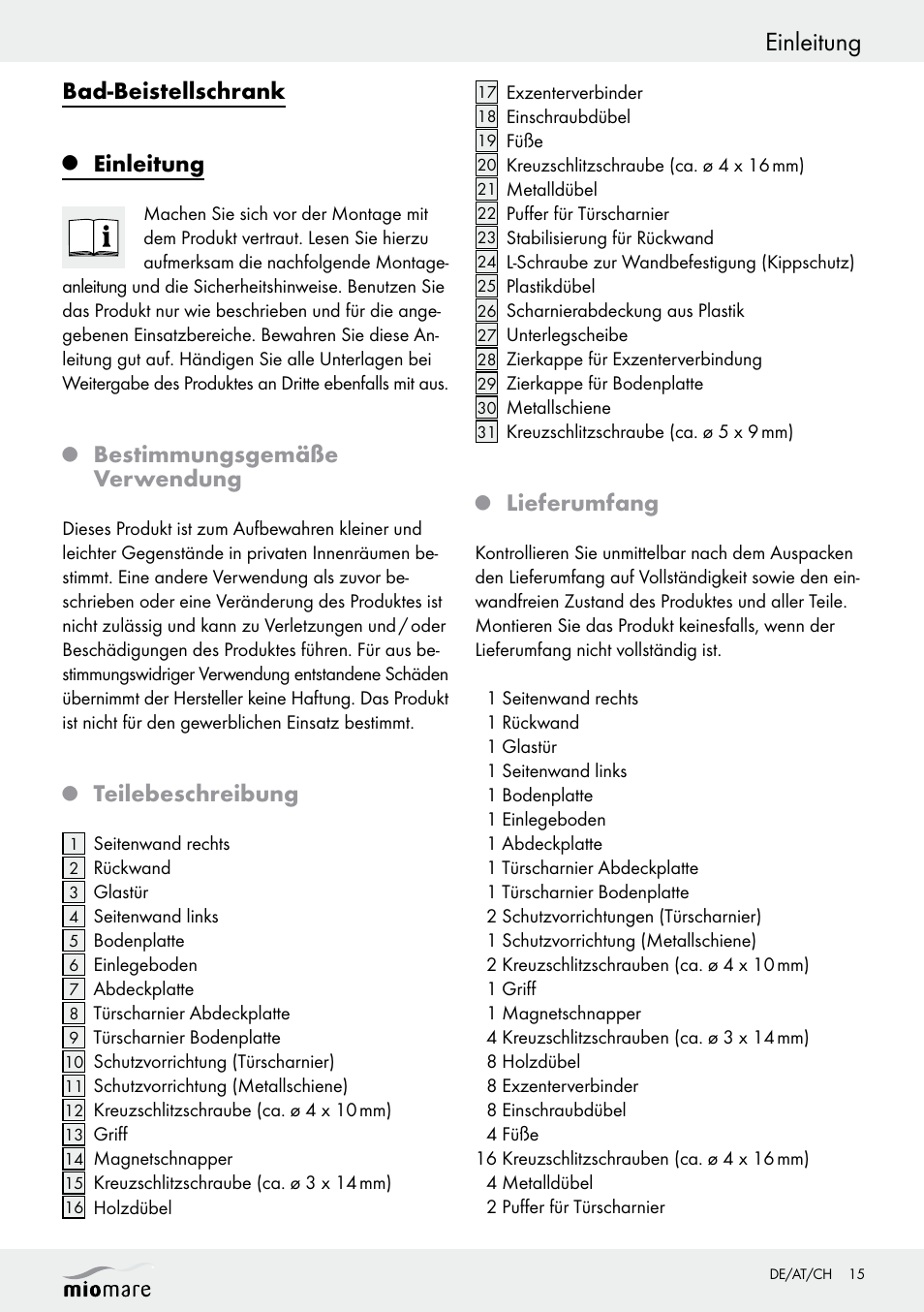 Einleitung, Bad-beistellschrank, Bestimmungsgemäße verwendung | Teilebeschreibung, Lieferumfang | Miomare Z30376 User Manual | Page 15 / 24