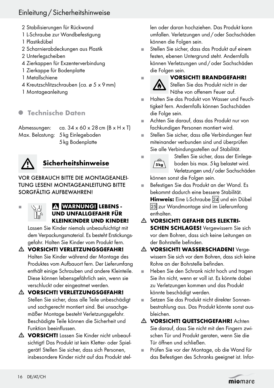 Einleitung / sicherheitshinweise, Technische daten, Sicherheitshinweise | Miomare Z30376 User Manual | Page 16 / 24