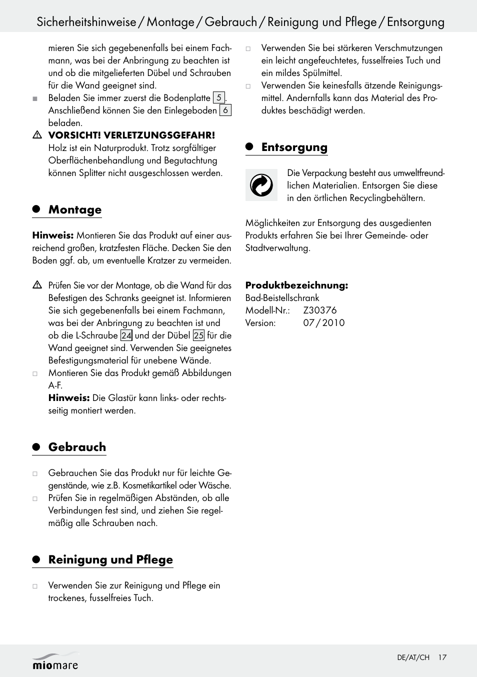 Montage, Gebrauch, Reinigung und pflege | Entsorgung | Miomare Z30376 User Manual | Page 17 / 24