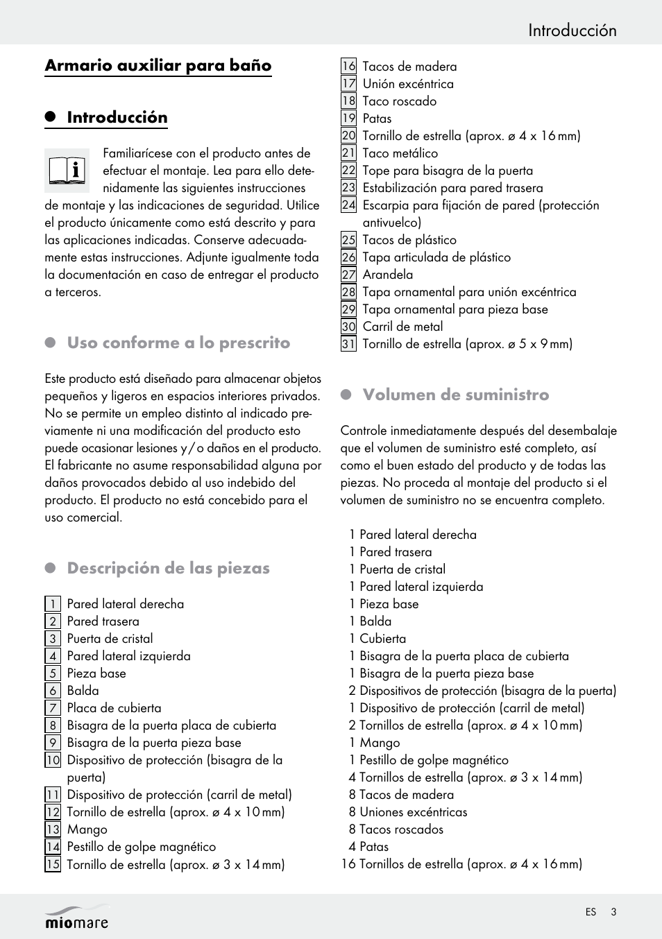 Introducción, Armario auxiliar para baño, Uso conforme a lo prescrito | Descripción de las piezas, Volumen de suministro | Miomare Z30376 User Manual | Page 3 / 24