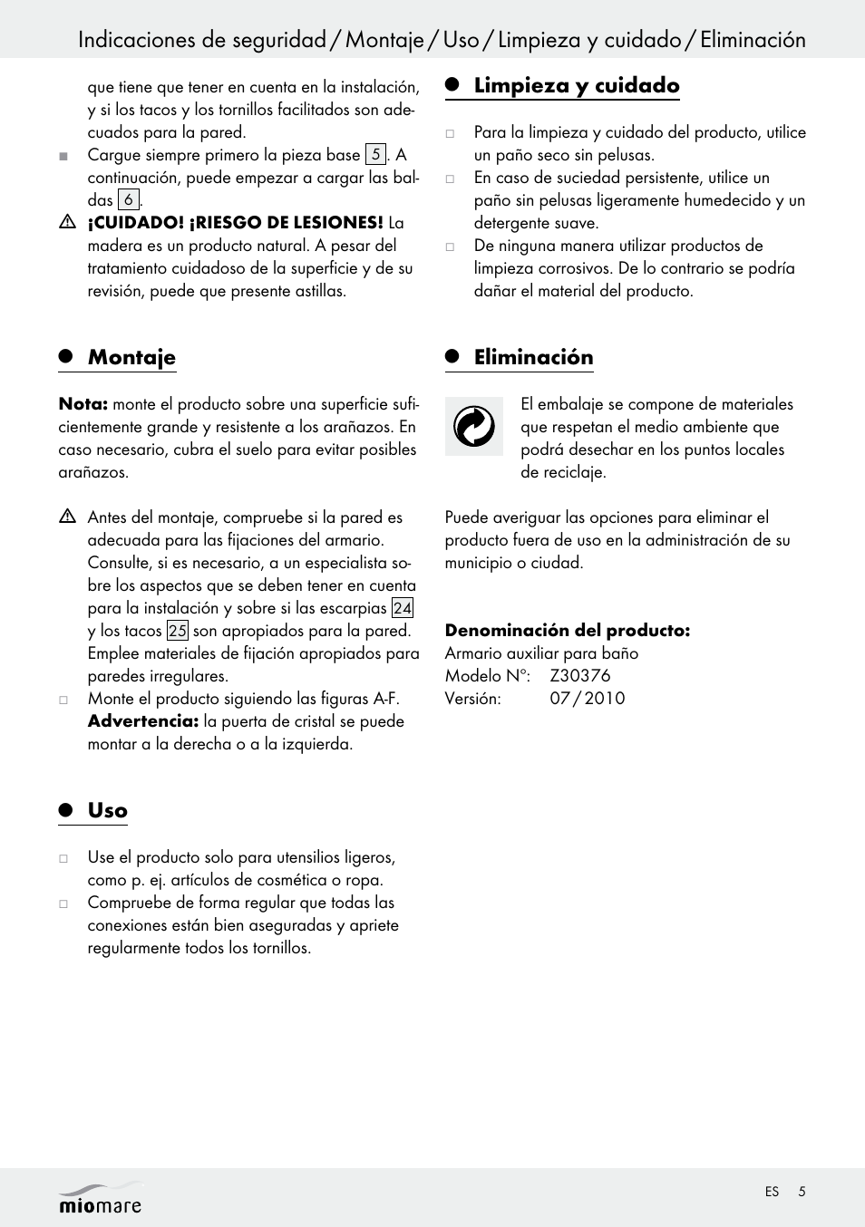 Montaje, Limpieza y cuidado, Eliminación | Miomare Z30376 User Manual | Page 5 / 24