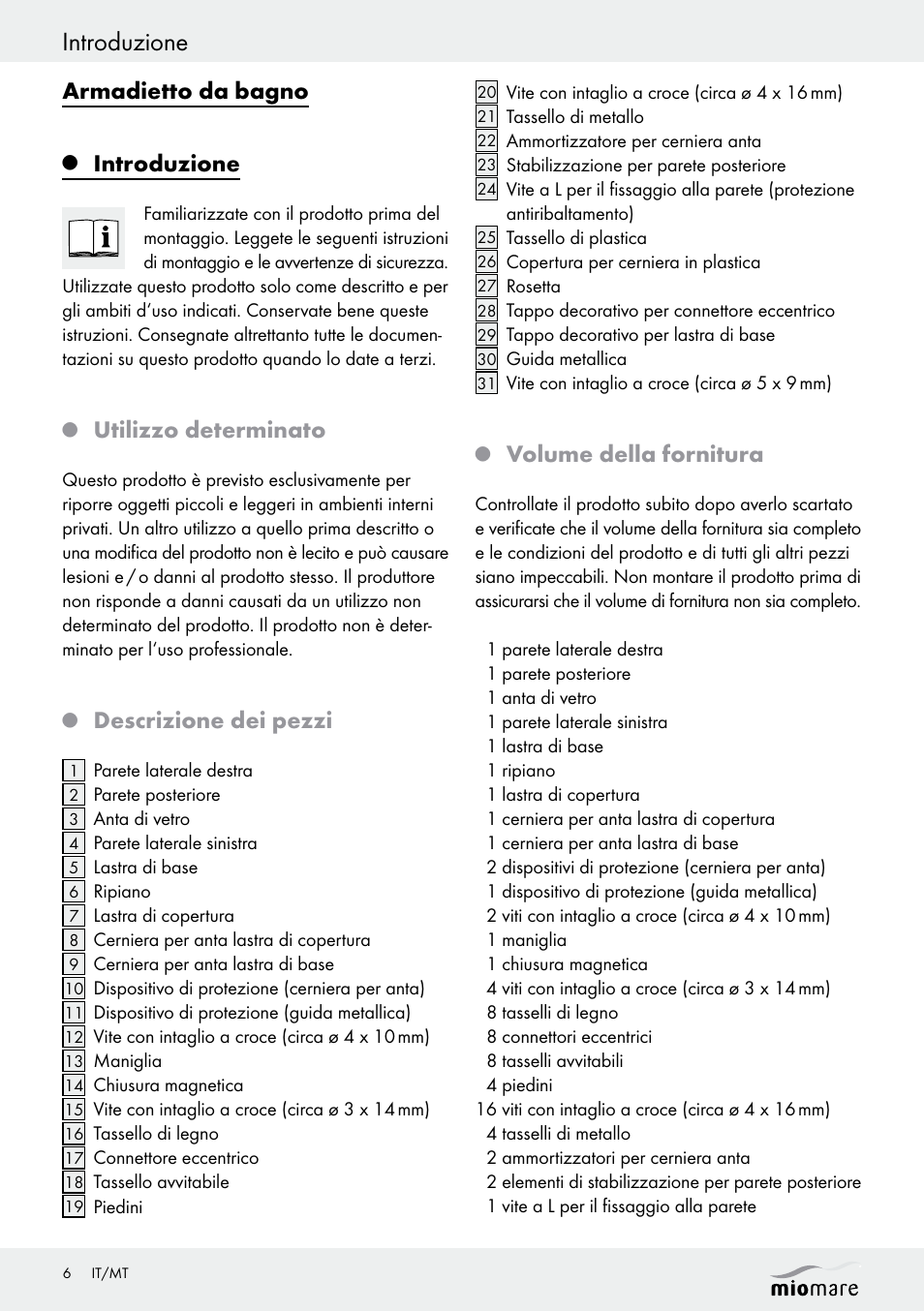 Introduzione, Armadietto da bagno, Utilizzo determinato | Descrizione dei pezzi, Volume della fornitura | Miomare Z30376 User Manual | Page 6 / 24
