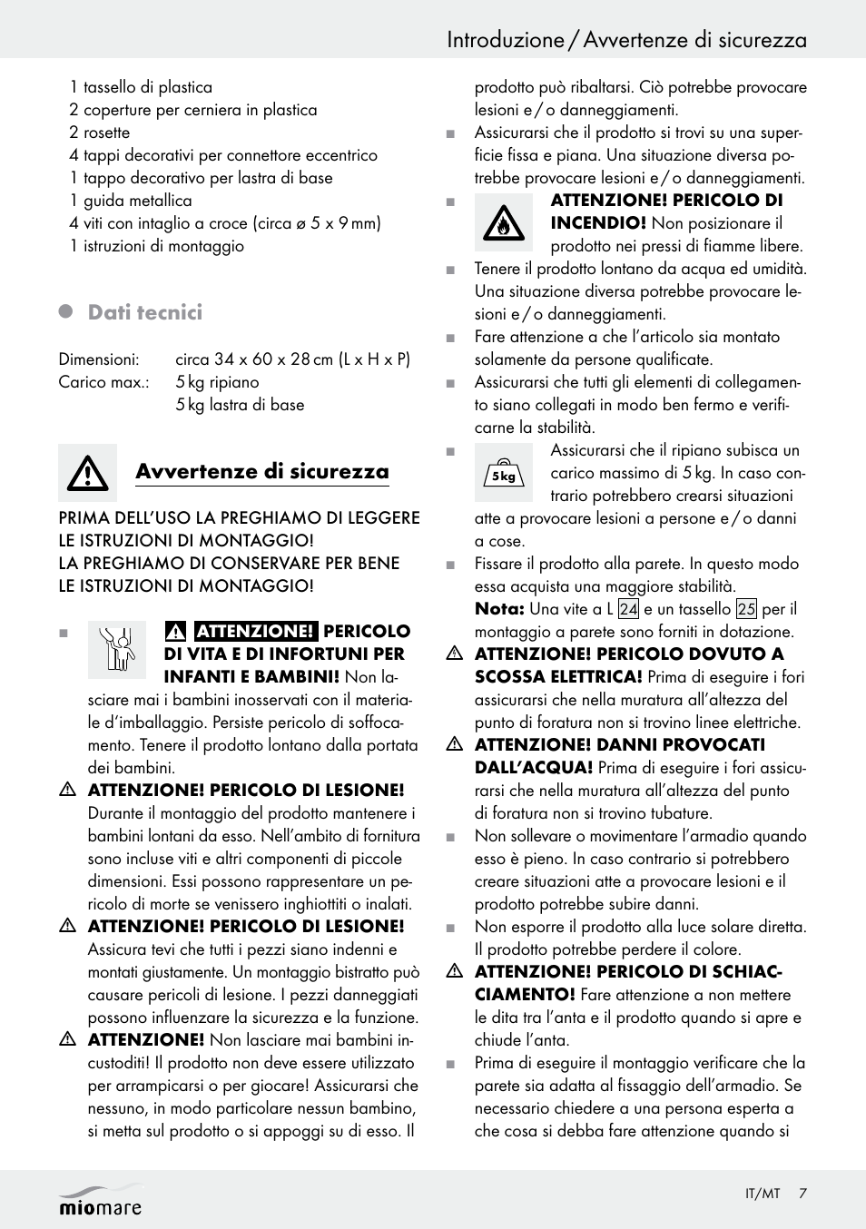 Introduzione / avvertenze di sicurezza, Dati tecnici, Avvertenze di sicurezza | Miomare Z30376 User Manual | Page 7 / 24