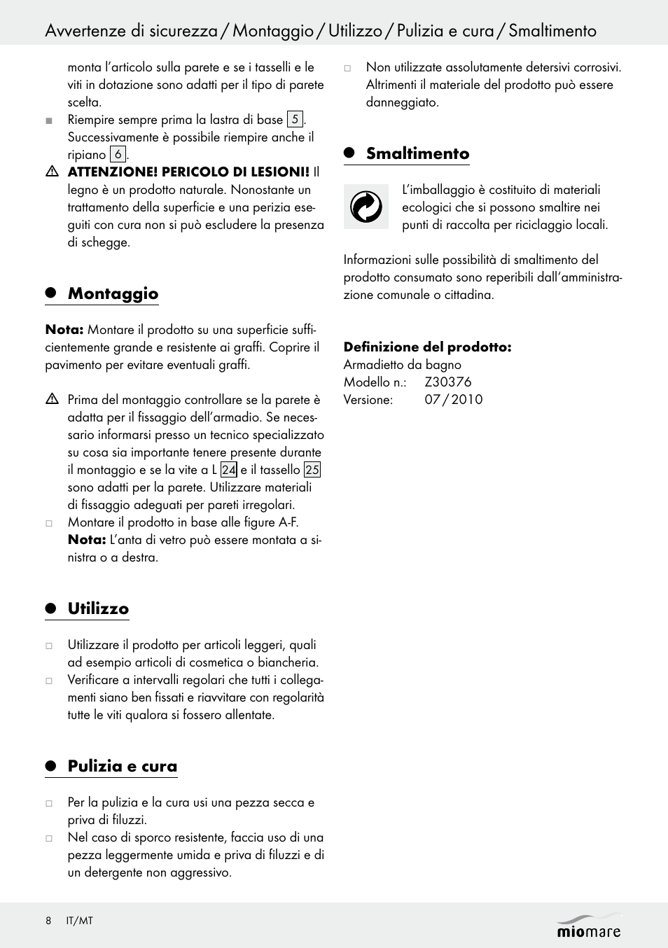 Montaggio, Utilizzo, Pulizia e cura | Smaltimento | Miomare Z30376 User Manual | Page 8 / 24
