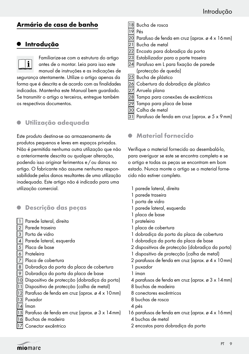 Introdução, Armário de casa de banho, Utilização adequada | Descrição das peças, Material fornecido | Miomare Z30376 User Manual | Page 9 / 24