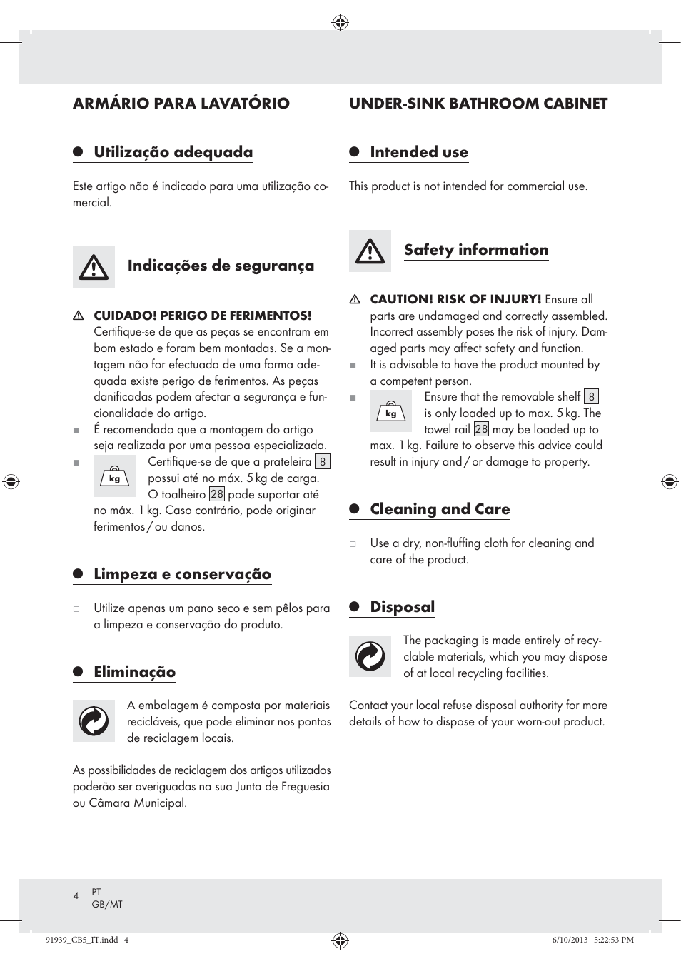 Armário para lavatório, Utilização adequada, Indicações de segurança | Limpeza e conservação, Eliminação, Under-sink bathroom cabinet, Intended use, Safety information, Cleaning and care, Disposal | Miomare Z31591 User Manual | Page 4 / 14