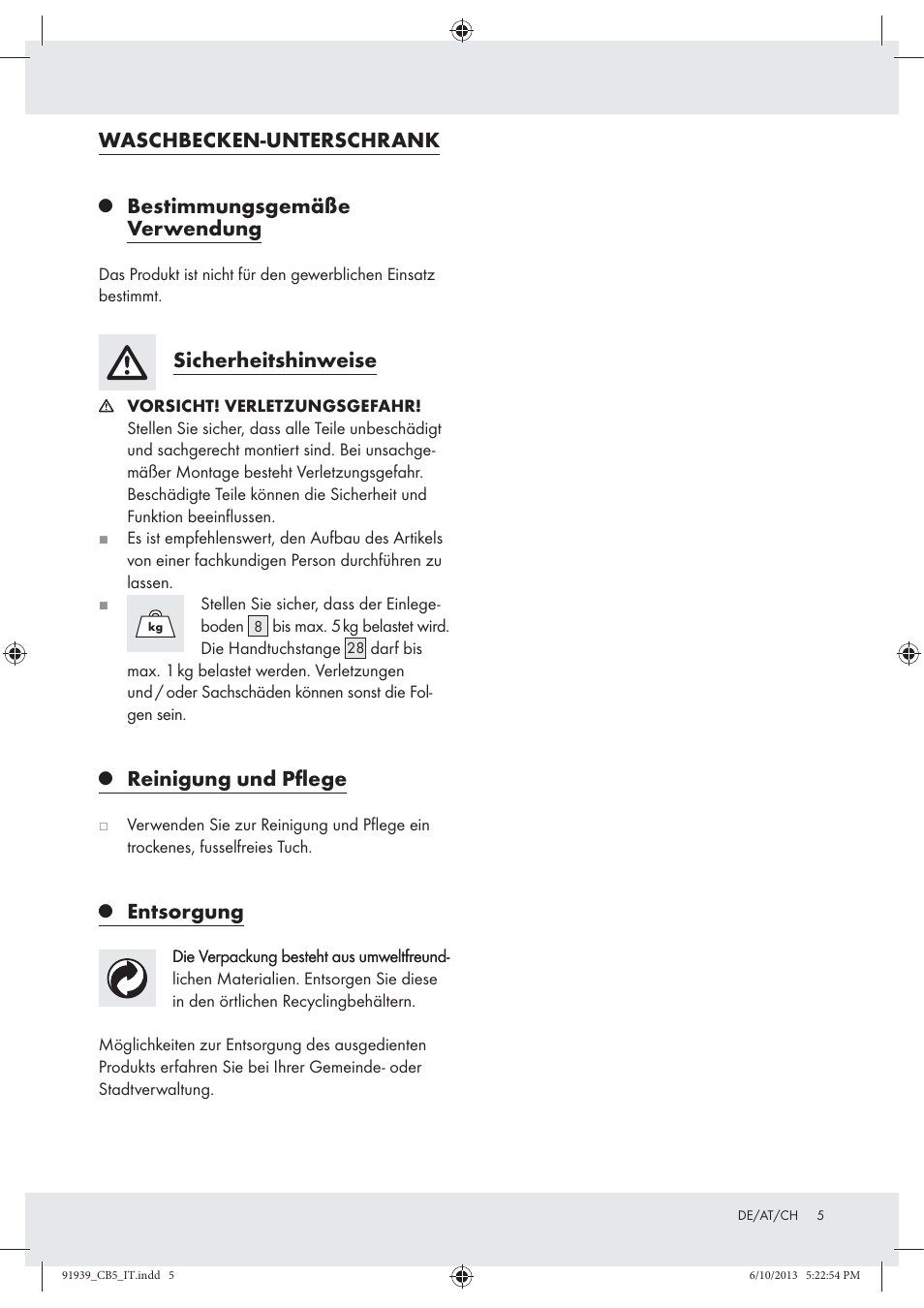 Waschbecken-unterschrank, Bestimmungsgemäße verwendung, Sicherheitshinweise | Reinigung und pﬂege, Entsorgung | Miomare Z31591 User Manual | Page 5 / 14