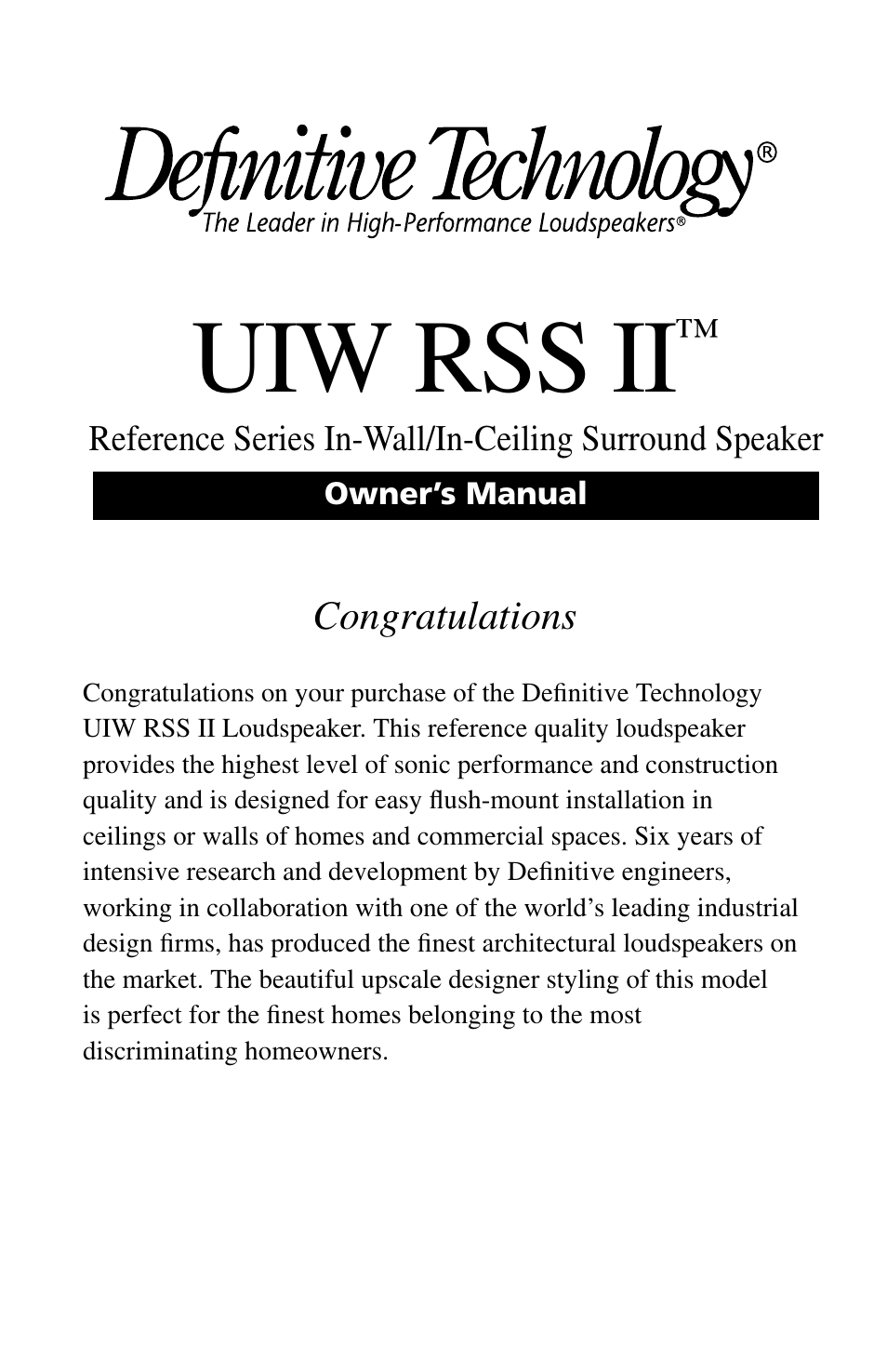 Definitive Technology UIW RSS II User Manual | 13 pages