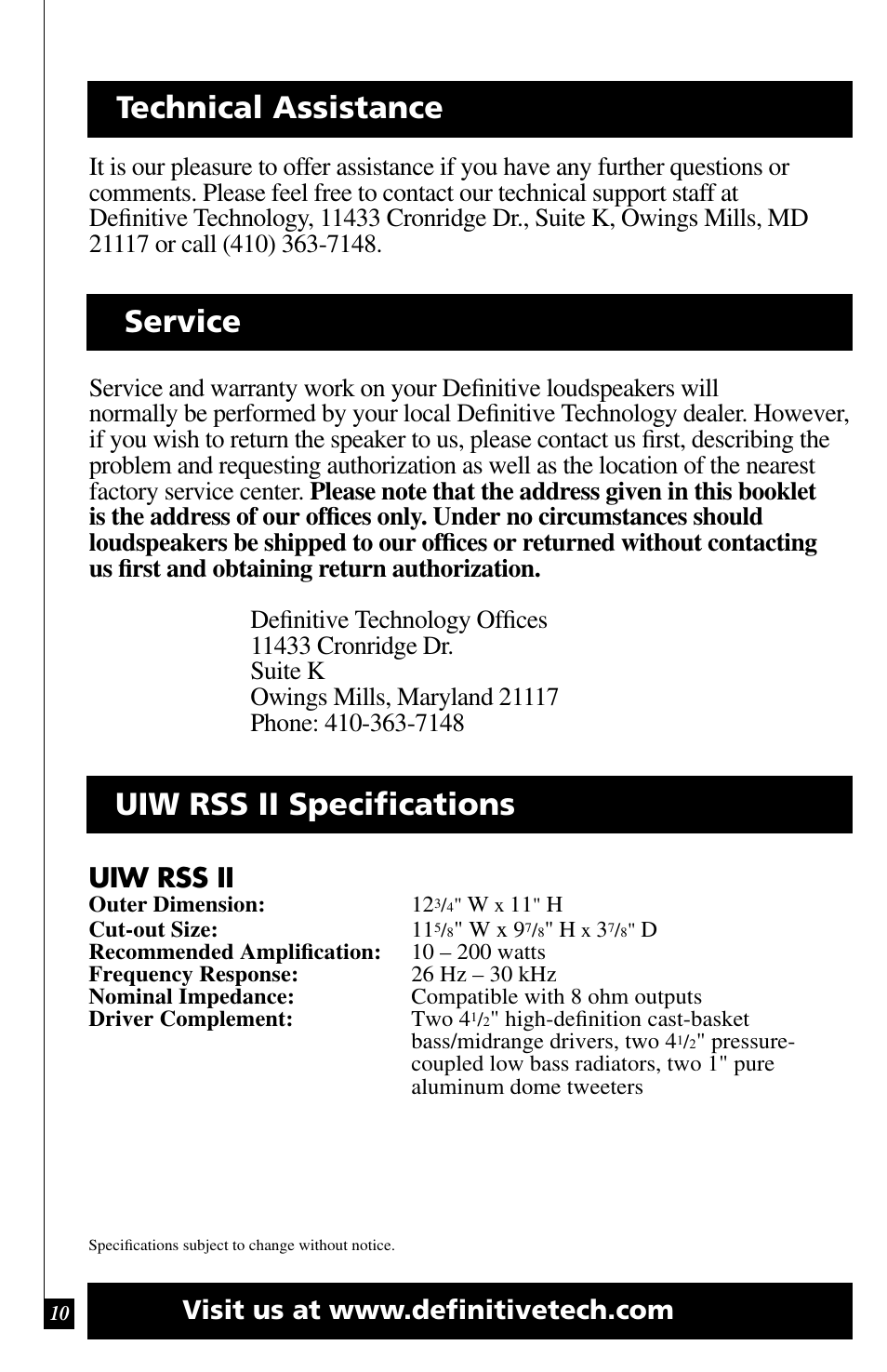 Technical assistance uiw rss ii specifications, Service, Uiw rss ii | Definitive Technology UIW RSS II User Manual | Page 12 / 13