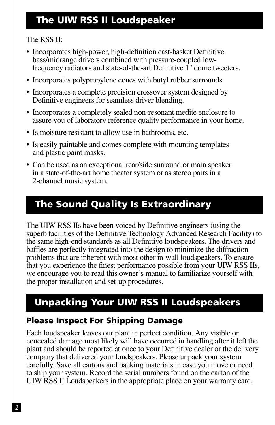 Unpacking your uiw rss ii loudspeakers | Definitive Technology UIW RSS II User Manual | Page 2 / 13