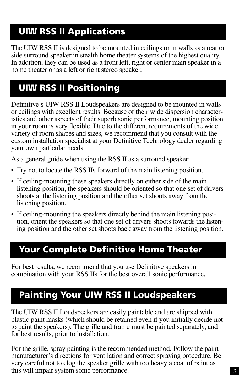 Uiw rss ii applications, Uiw rss ii positioning, Your complete definitive home theater | Painting your uiw rss ii loudspeakers | Definitive Technology UIW RSS II User Manual | Page 3 / 13