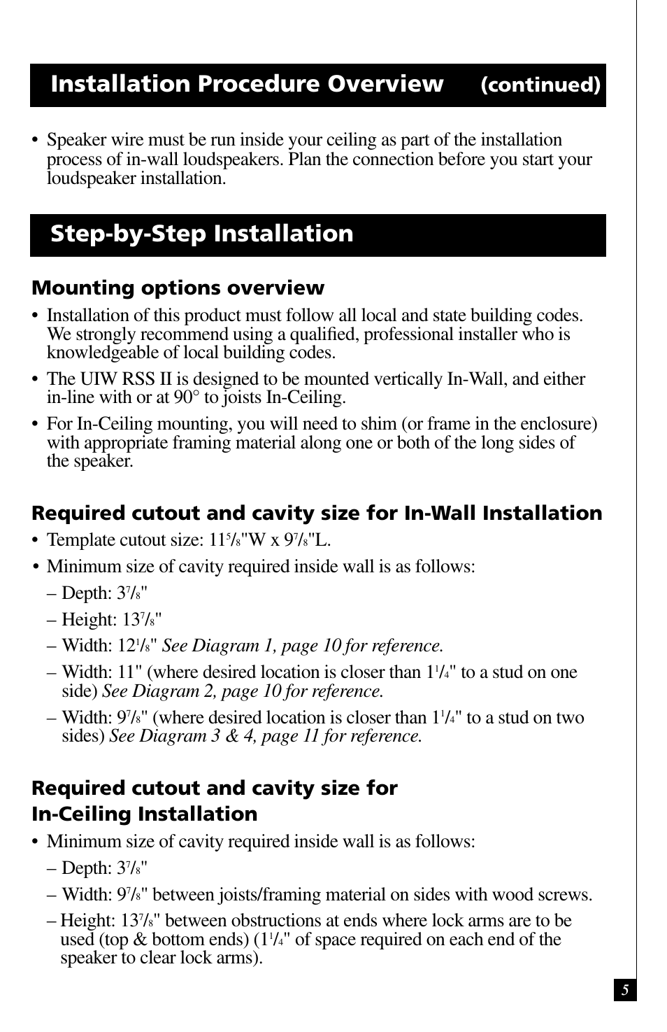 Installation procedure overview, Step-by-step installation, Continued) | Mounting options overview, Template cutout size: 11, W x 9, Height: 13, Width: 12, Where desired location is closer than 1, Width: 9 | Definitive Technology UIW RSS II User Manual | Page 5 / 13